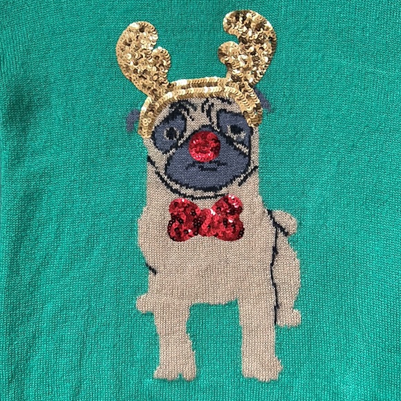 GSX Sequined “Reindeer” Pug Kelly Green Christmas sweater - Picture 4 of 11